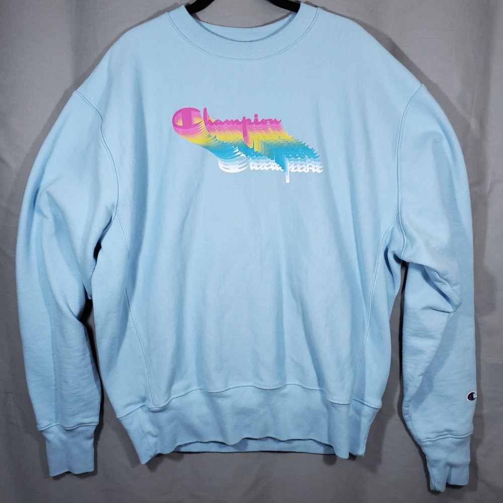 Champion Reverse Weave Sweater Mens Large Light Blue Logo Crew Neck Long Sleeve